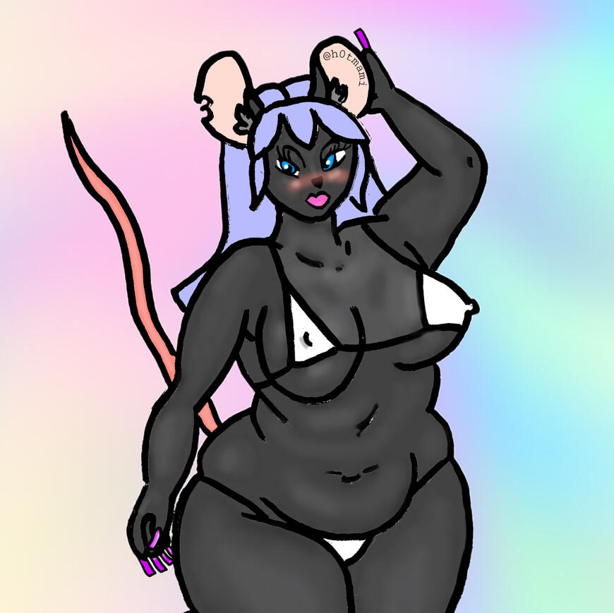 h0tmami logo: a curvy mouse with lavender hair poses in a white thong bikini